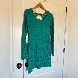 Free People Green Wild Thing Open Back Knit Crew Neck Long Sleeve Mini Dress Sma